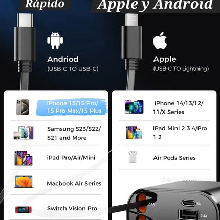 🔴 Cargador Original Para Auto Ultra Rápido 4en1 Ultrarápido Para Dispositivos Con Entrada Tipo C USB iPhone Android Con Cable Retráctil