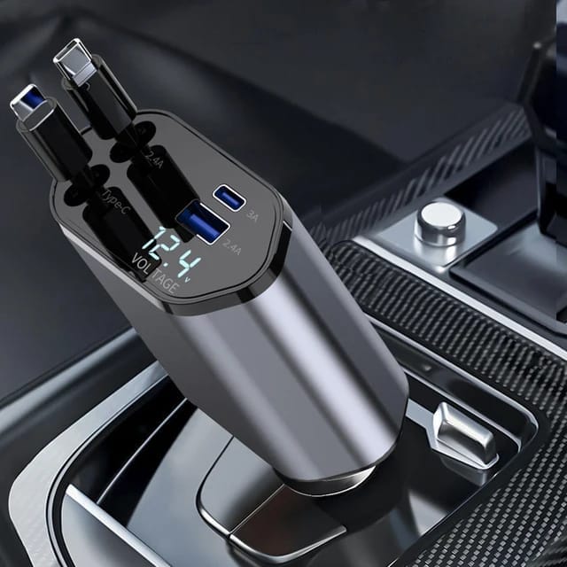 🔴 Cargador Original Para Auto Ultra Rápido 4en1 Ultrarápido Para Dispositivos Con Entrada Tipo C USB iPhone Android Con Cable Retráctil