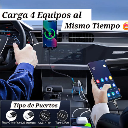 🔴 Cargador Original Para Auto Ultra Rápido 4en1 Ultrarápido Para Dispositivos Con Entrada Tipo C USB iPhone Android Con Cable Retráctil