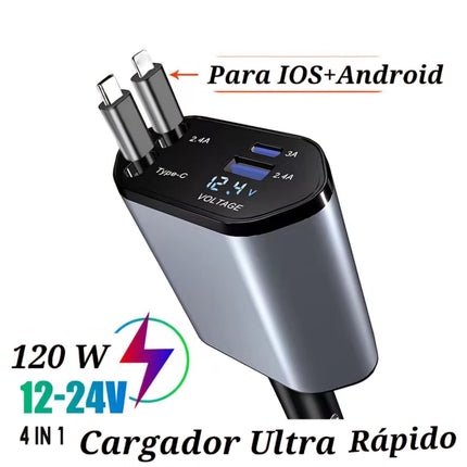 🔴 Cargador Original Para Auto Ultra Rápido 4en1 Ultrarápido Para Dispositivos Con Entrada Tipo C USB iPhone Android Con Cable Retráctil
