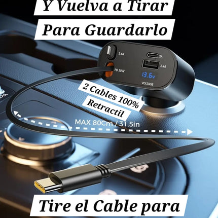 🔴 Cargador Original Para Auto Ultra Rápido 4en1 Ultrarápido Para Dispositivos Con Entrada Tipo C USB iPhone Android Con Cable Retráctil