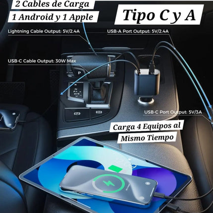 🔴 Cargador Original Para Auto Ultra Rápido 4en1 Ultrarápido Para Dispositivos Con Entrada Tipo C USB iPhone Android Con Cable Retráctil
